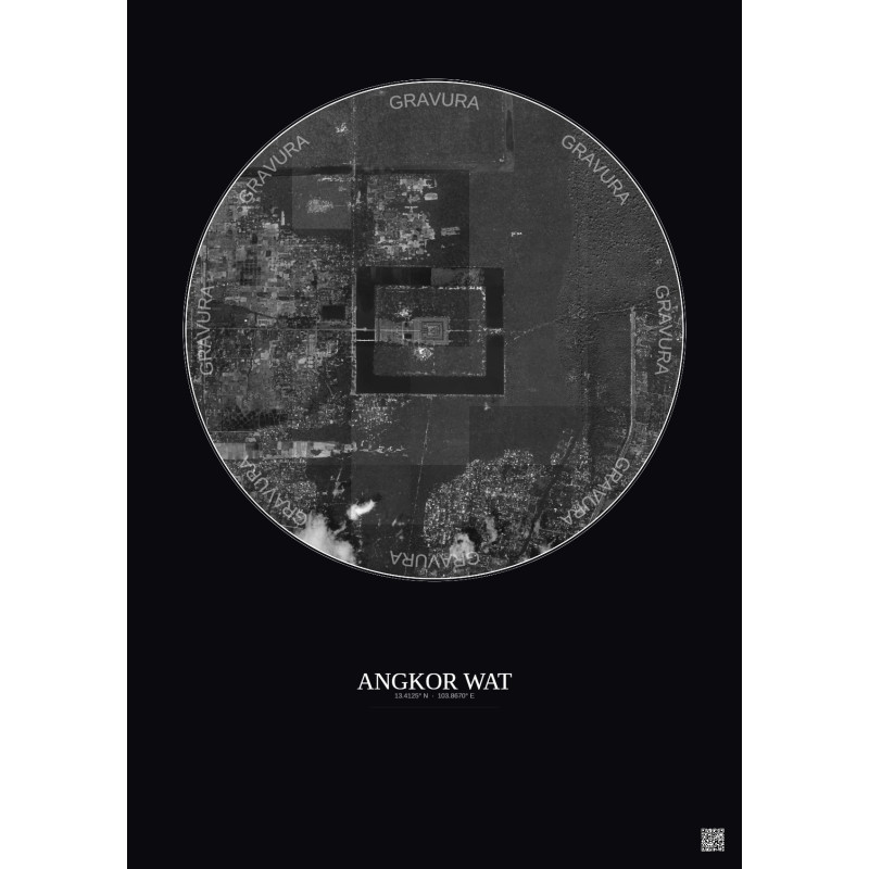 Affiche Angkor Wat – Poster vue satellite 2.5km N&B | Gravura – Fond foncé