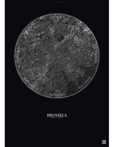 Brussels Satellite View Poster 10km B&W | Gravura – Dark background