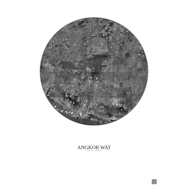 Angkor Wat Satellite View Poster 20km B&W | Gravura – Light background