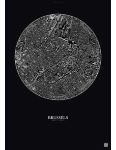 Affiche Brussels – Poster vue satellite 2.5km N&B | Gravura – Fond foncé