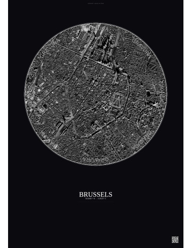 Affiche Brussels – Poster vue satellite 2.5km N&B | Gravura – Fond foncé