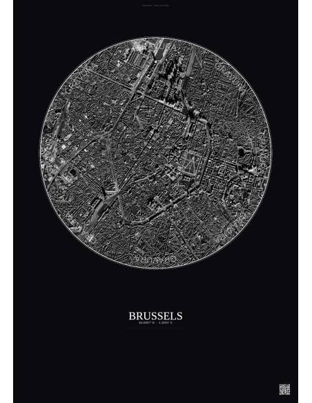 Affiche Brussels – Poster vue satellite 2.5km N&B | Gravura – Fond foncé