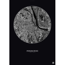 Affiche Phnom Penh – Poster vue satellite 10km N&B | Gravura – Fond foncé