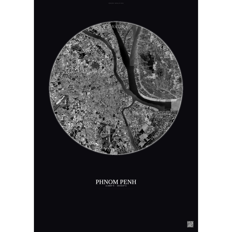 Affiche Phnom Penh – Poster vue satellite 10km N&B | Gravura – Fond foncé