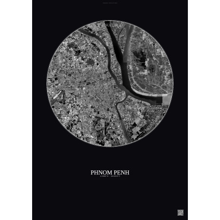 Affiche Phnom Penh – Poster vue satellite 10km N&B | Gravura – Fond foncé