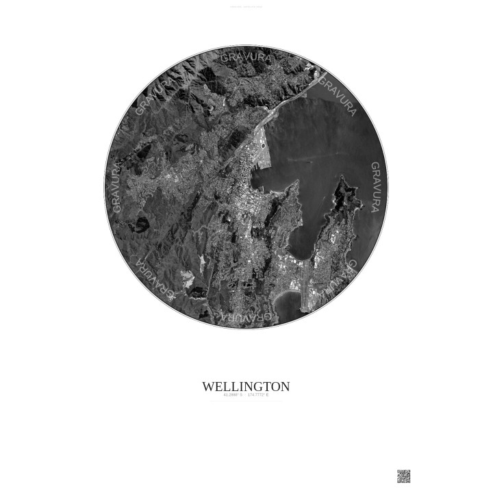 Affiche Wellington – Poster vue satellite 6km N&B | Gravura – Fond clair