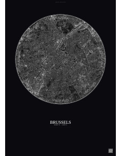 Affiche Brussels – Poster vue satellite 6km N&B | Gravura – Fond foncé