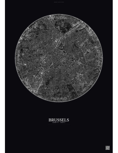 Brussels Satellite View Poster 6km B&W | Gravura – Dark background