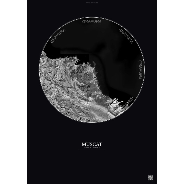 Affiche Muscat – Poster vue satellite 10km N&B | Gravura – Fond foncé