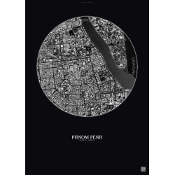 Affiche Phnom Penh – Poster vue satellite 2.5km N&B | Gravura – Fond foncé