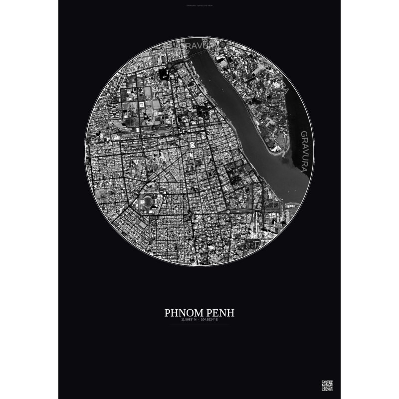 Affiche Phnom Penh – Poster vue satellite 2.5km N&B | Gravura – Fond foncé