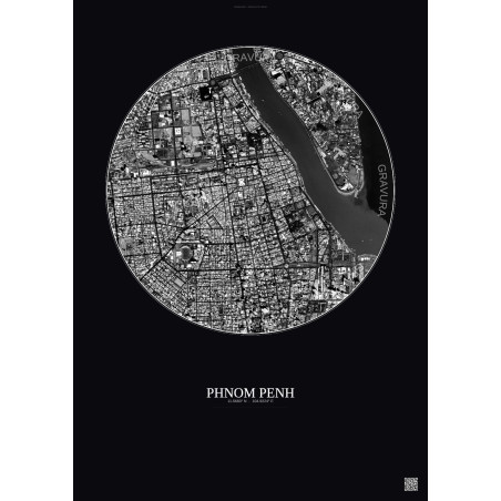 Affiche Phnom Penh – Poster vue satellite 2.5km N&B | Gravura – Fond foncé