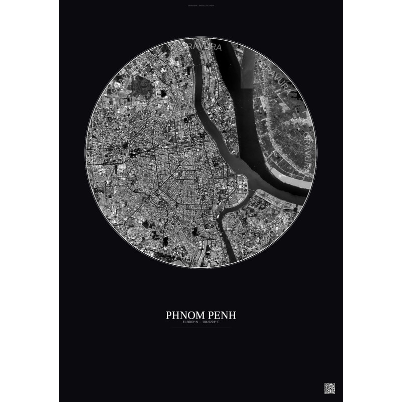 Affiche Phnom Penh – Poster vue satellite 6km N&B | Gravura – Fond foncé
