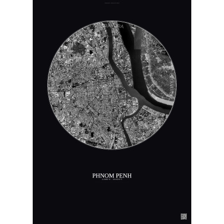 Affiche Phnom Penh – Poster vue satellite 6km N&B | Gravura – Fond foncé