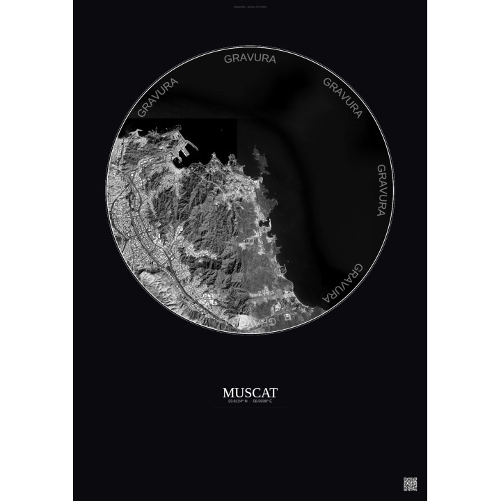 Affiche Muscat – Poster vue satellite 6km N&B | Gravura – Fond foncé