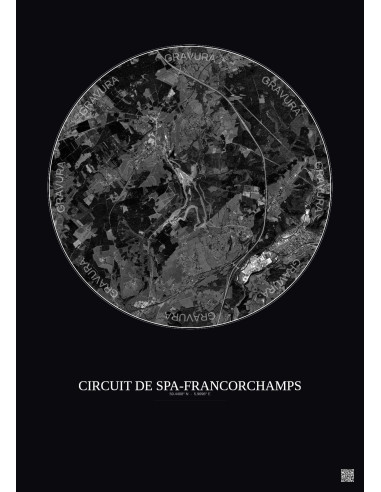 Affiche Circuit De Spa Francorchamps – Poster vue satellite 5km N&B | Gravura – Fond foncé