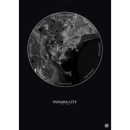Affiche Panama City – Poster vue satellite 10km N&B | Gravura – Fond foncé