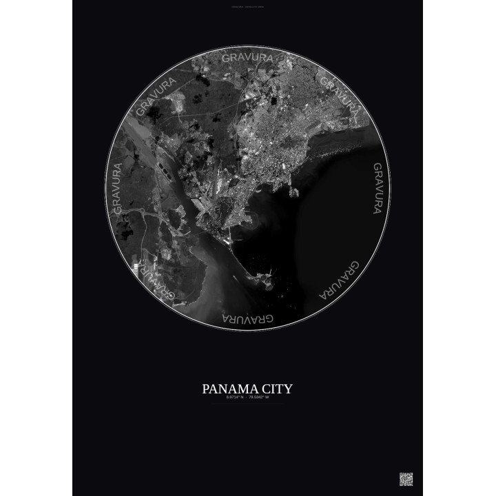 Affiche Panama City – Poster vue satellite 10km N&B | Gravura – Fond foncé