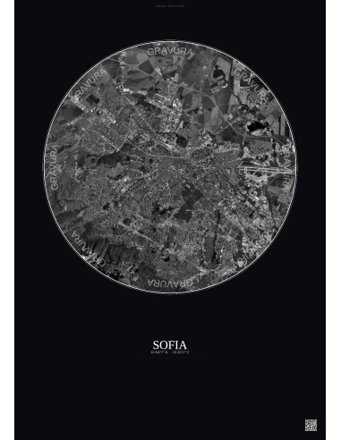 Sofia Satellite View Poster 10km B&W | Gravura – Dark background