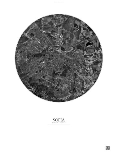 Sofia Satellite View Poster 10km B&W | Gravura – Light background