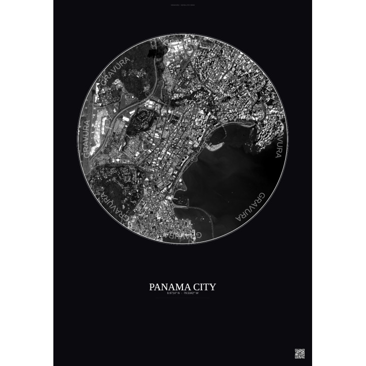 Affiche Panama City – Poster vue satellite 2.5km N&B | Gravura – Fond foncé