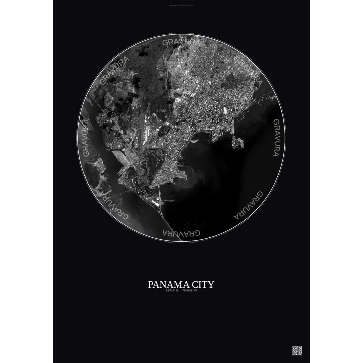 Affiche Panama City – Poster vue satellite 6km N&B | Gravura – Fond foncé