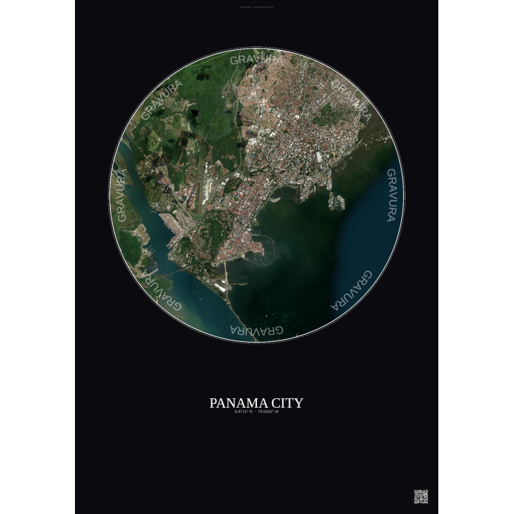 Affiche Panama City – Poster vue satellite 6km Couleur | Gravura – Fond foncé