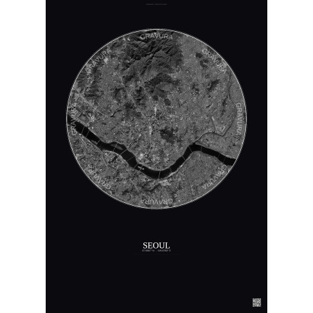 Affiche Seoul – Poster vue satellite 10km N&B | Gravura – Fond foncé