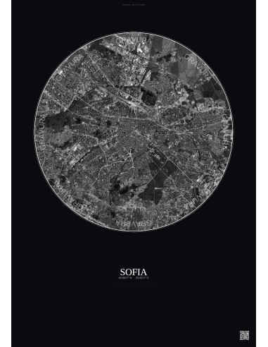 Affiche Sofia – Poster vue satellite 6km N&B | Gravura – Fond foncé