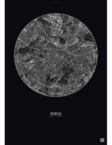 Affiche Sofia – Poster vue satellite 6km N&B | Gravura – Fond foncé
