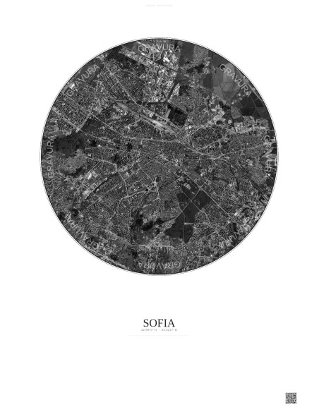 Affiche Sofia – Poster vue satellite 6km N&B | Gravura – Fond clair