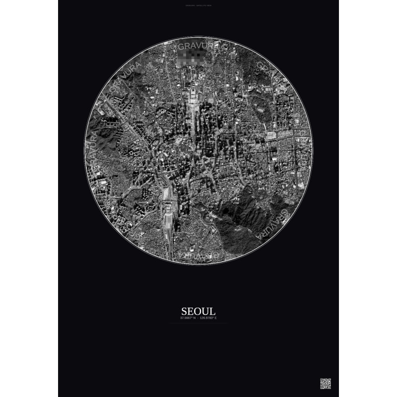 Affiche Seoul – Poster vue satellite 2.5km N&B | Gravura – Fond foncé