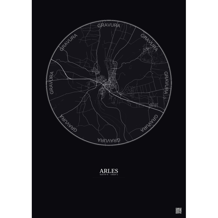 Affiche Arles – Poster carte de ville 10km | Gravura – Fond foncé