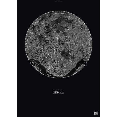 Affiche Seoul – Poster vue satellite 6km N&B | Gravura – Fond foncé