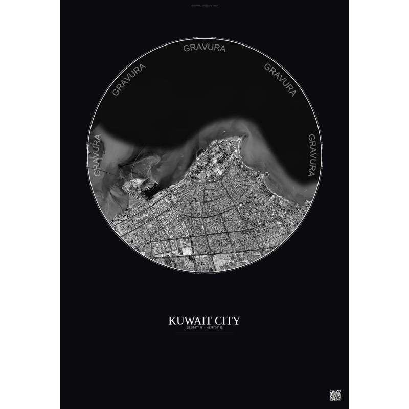 Affiche Kuwait City – Poster vue satellite 10km N&B | Gravura – Fond foncé