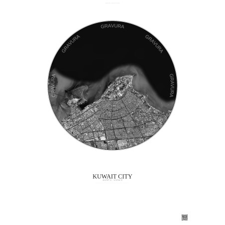 Affiche Kuwait City – Poster vue satellite 10km N&B | Gravura – Fond clair
