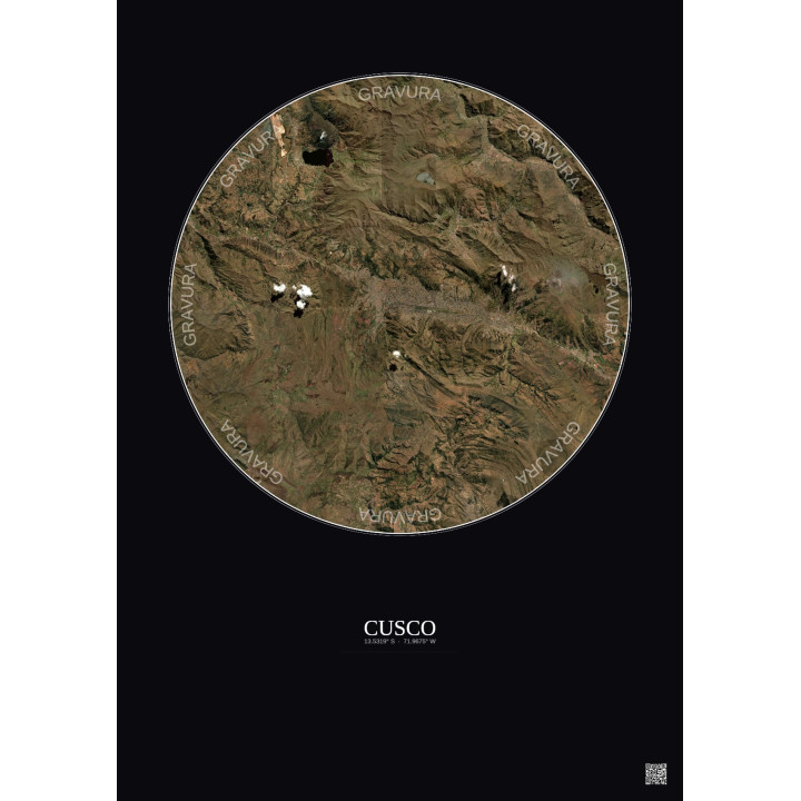 Affiche Cusco – Poster vue satellite 20km Couleur | Gravura – Fond foncé