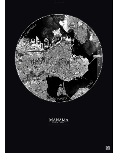 Affiche Manama – Poster vue satellite 6km N&B | Gravura – Fond foncé