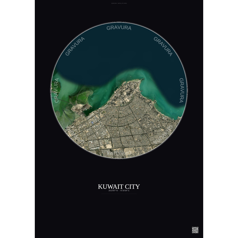 Affiche Kuwait City – Poster vue satellite 10km Couleur | Gravura – Fond foncé