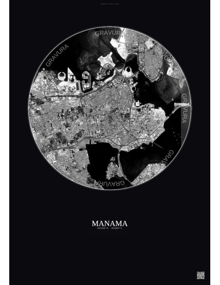 Affiche Manama – Poster vue satellite 6km N&B | Gravura – Fond foncé