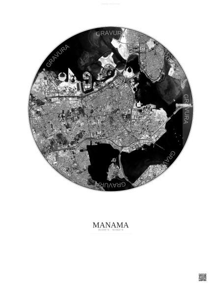 Affiche Manama – Poster vue satellite 6km N&B | Gravura – Fond clair