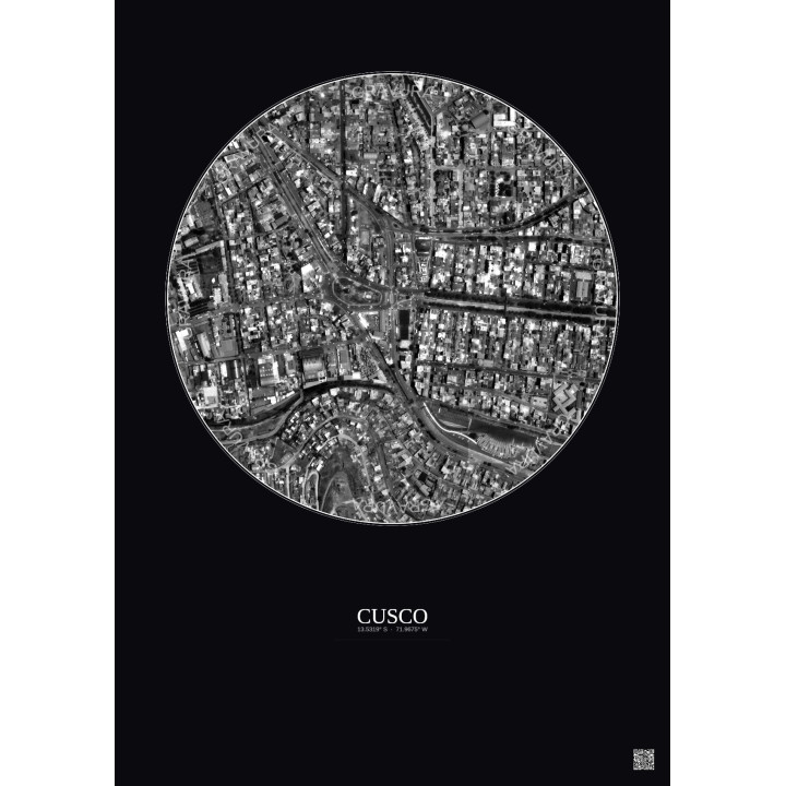 Cusco Satellite View Poster 0.5km B&W | Gravura – Dark background