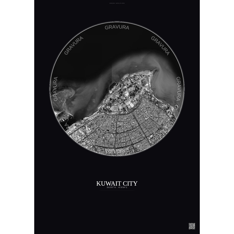 Affiche Kuwait City – Poster vue satellite 6km N&B | Gravura – Fond foncé