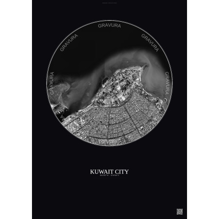 Affiche Kuwait City – Poster vue satellite 6km N&B | Gravura – Fond foncé