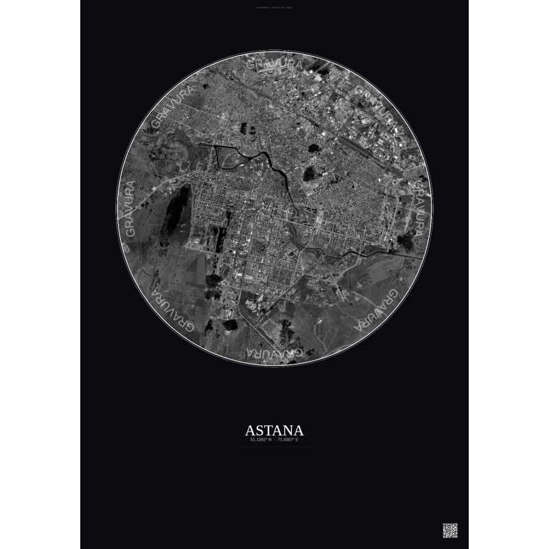 Affiche Astana – Poster vue satellite 10km N&B | Gravura – Fond foncé