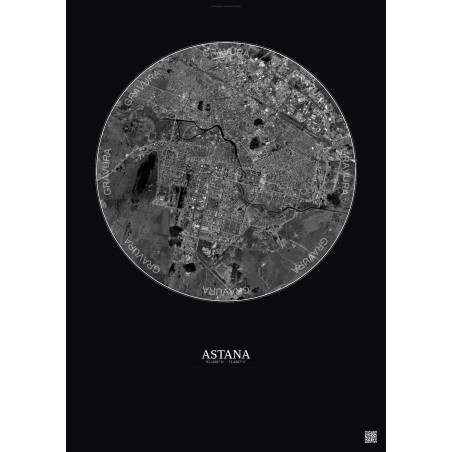 Affiche Astana – Poster vue satellite 10km N&B | Gravura – Fond foncé