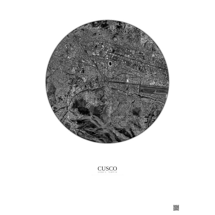 Cusco Satellite View Poster 2.5km B&W | Gravura – Light background