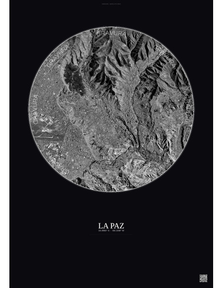 Affiche La Paz – Poster vue satellite 6km N&B | Gravura – Fond foncé