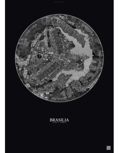 Affiche Brasilia – Poster vue satellite 10km N&B | Gravura – Fond foncé