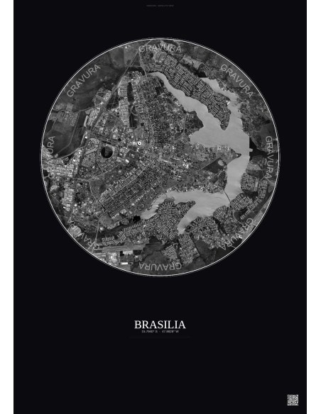 Affiche Brasilia – Poster vue satellite 10km N&B | Gravura – Fond foncé